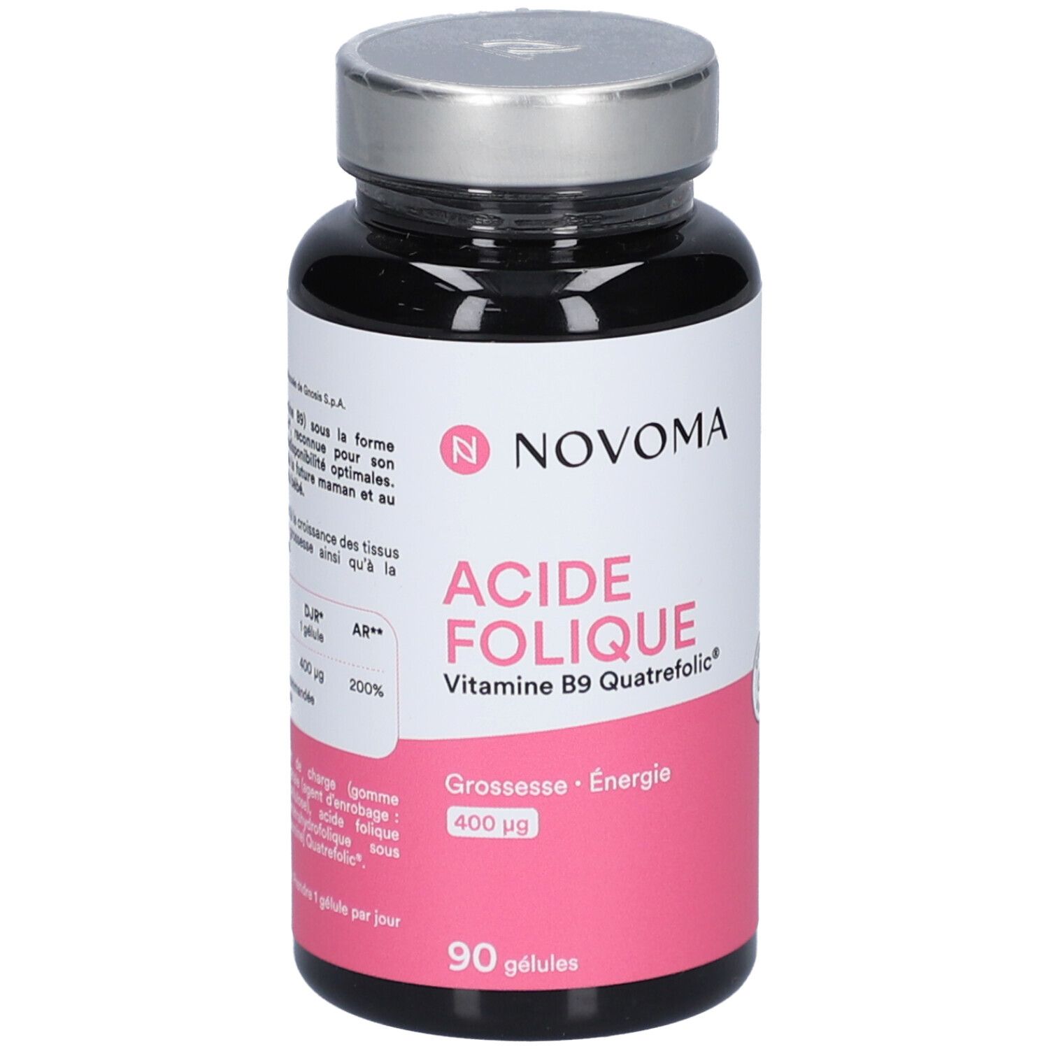 Flacon noir NOVOMA ACIDE FOLIQUE. Étiquette rose avec texte. 90 gélules.