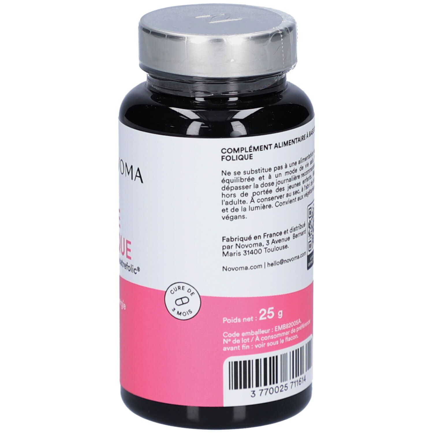 Dos du flacon noir NOVOMA ACIDE FOLIQUE. Cure 2 mois. 25g.