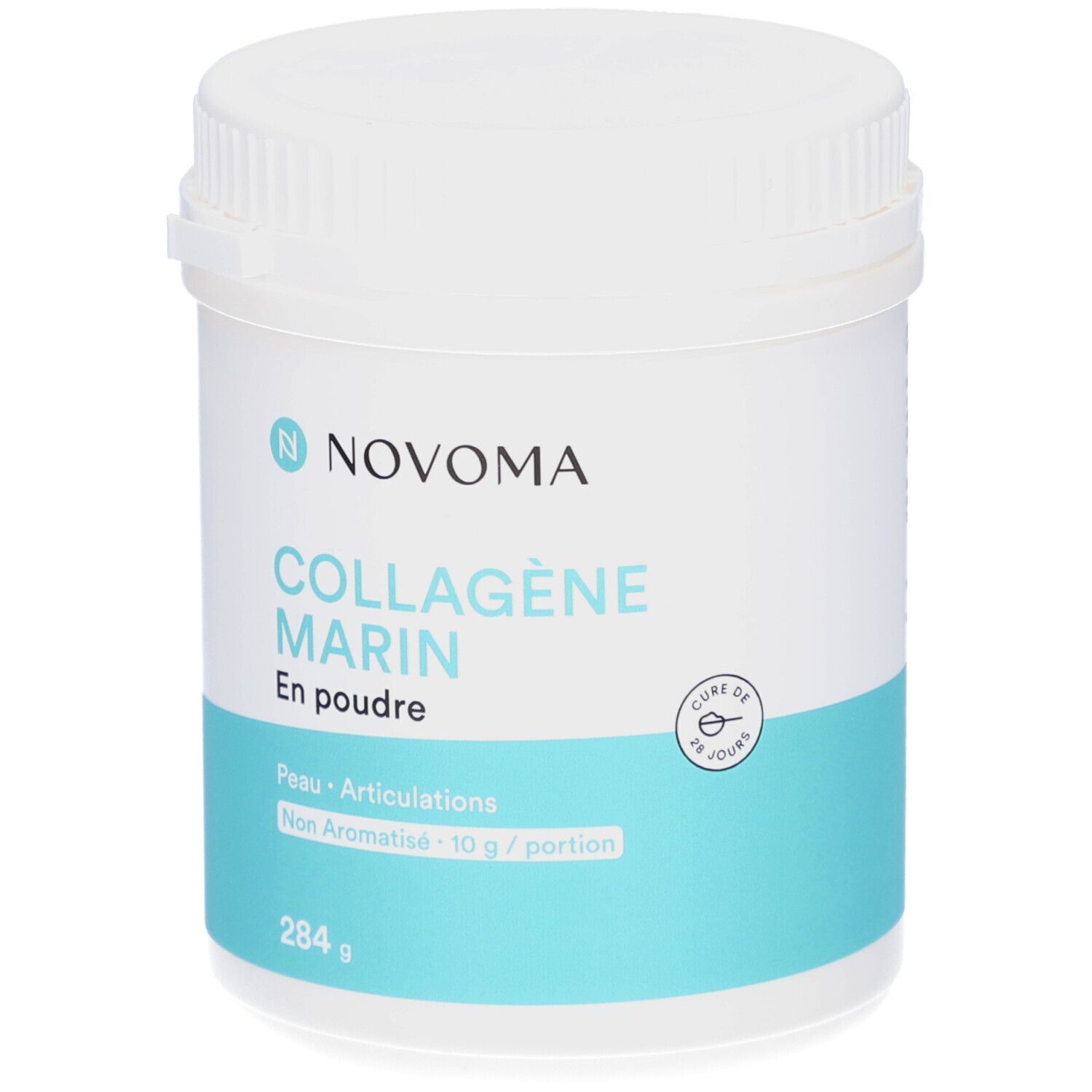 Pot blanc avec bande bleue. Inscription: NOVOMA, COLLAGÈNE MARIN, En poudre. 284 g. Cure de 30 jours.
