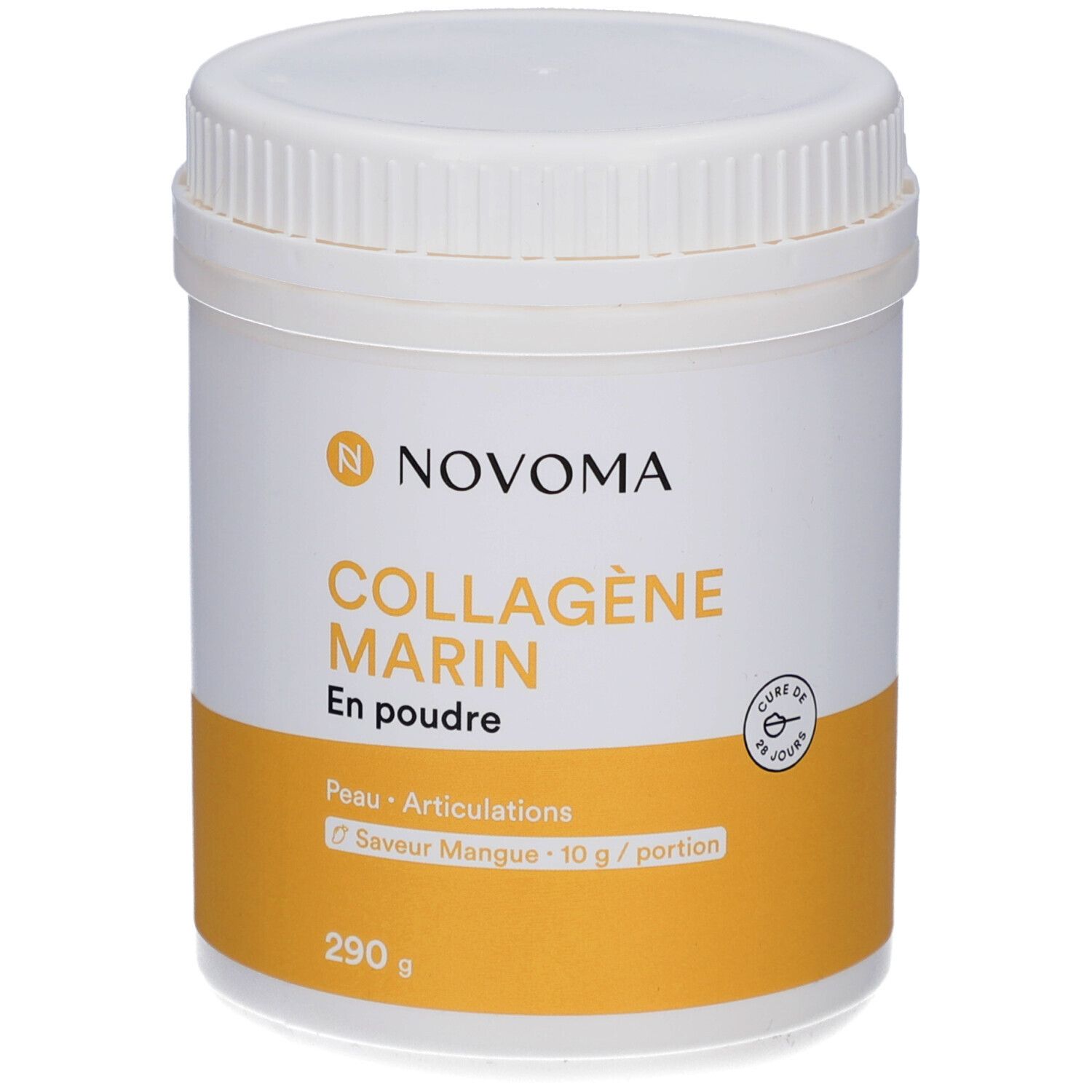 Pot blanc avec étiquette jaune. Inscription: NOVOMA, COLLAGÈNE MARIN, En poudre. 290 g. Saveur mangue.