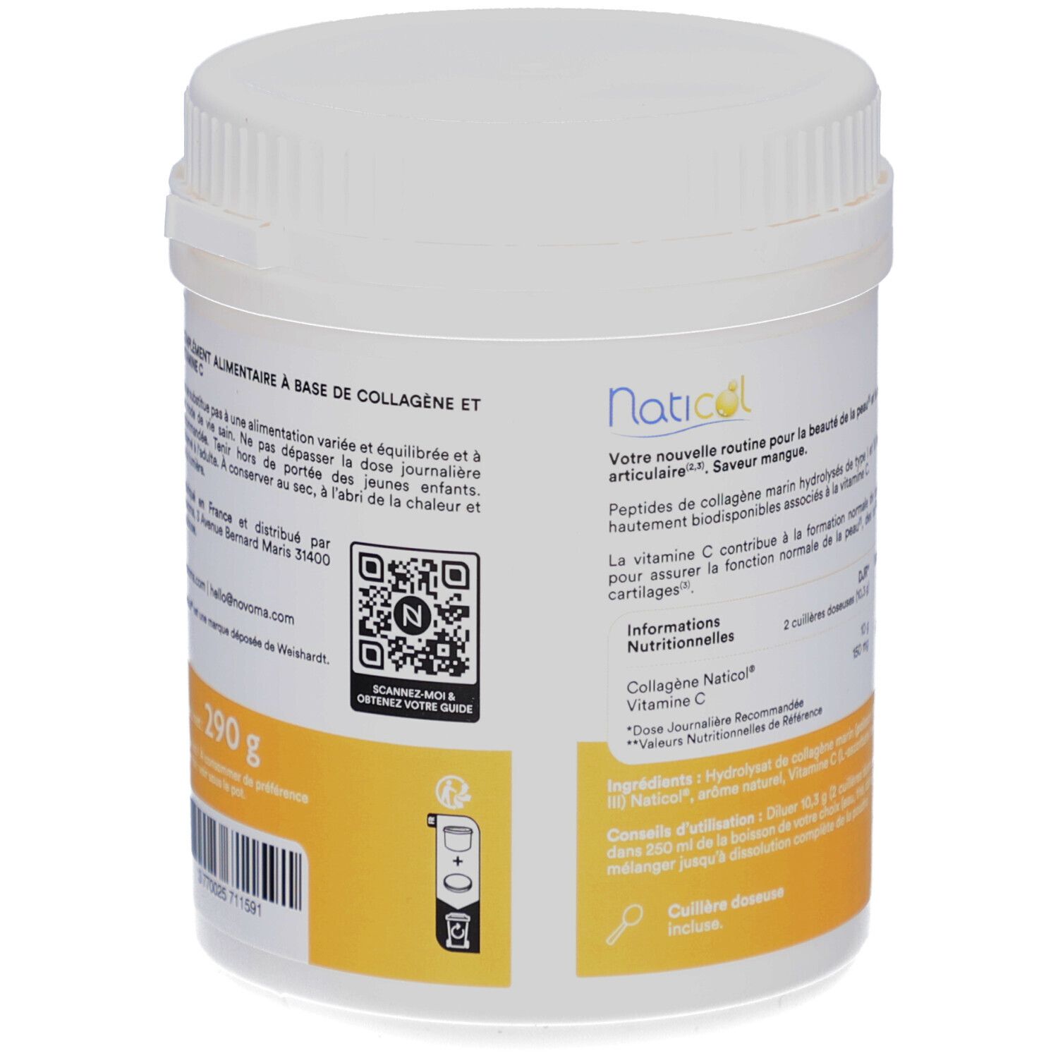 Dos du pot avec étiquette jaune. Contient des informations et un code QR. 290 g.