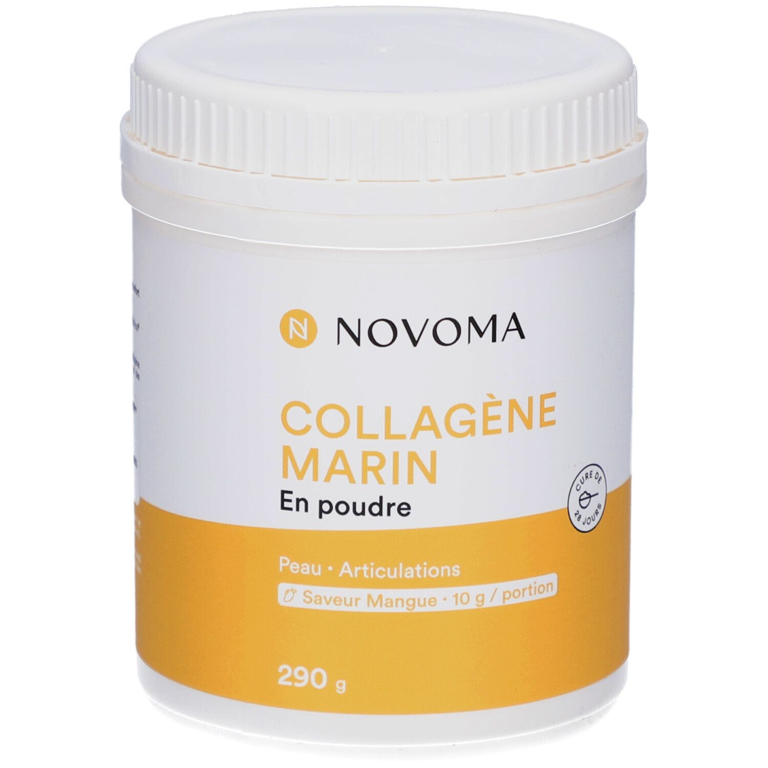 Pot blanc avec étiquette jaune. Inscription: NOVOMA, COLLAGÈNE MARIN, En poudre. 290 g. Saveur mangue.