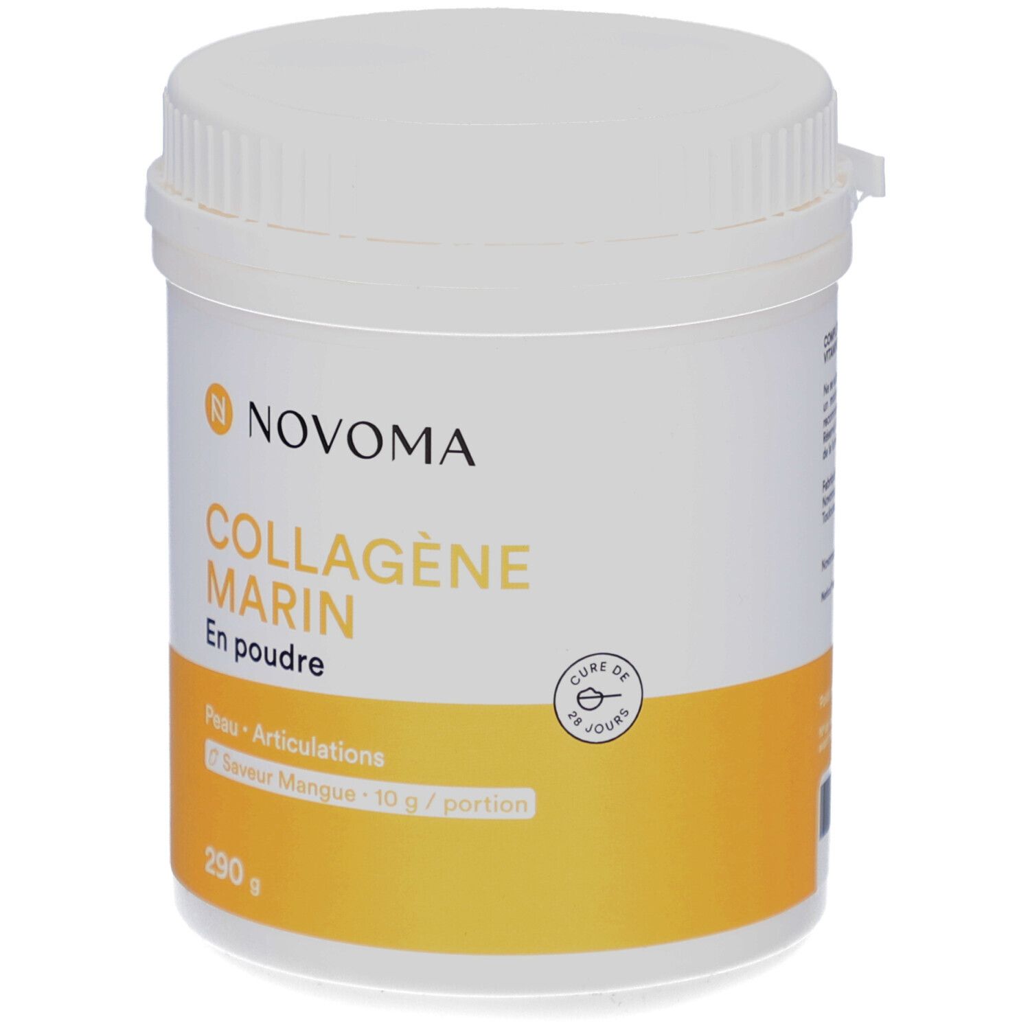 Pot blanc avec étiquette jaune. Inscription: NOVOMA, COLLAGÈNE MARIN, En poudre. 290 g. Saveur mangue.
