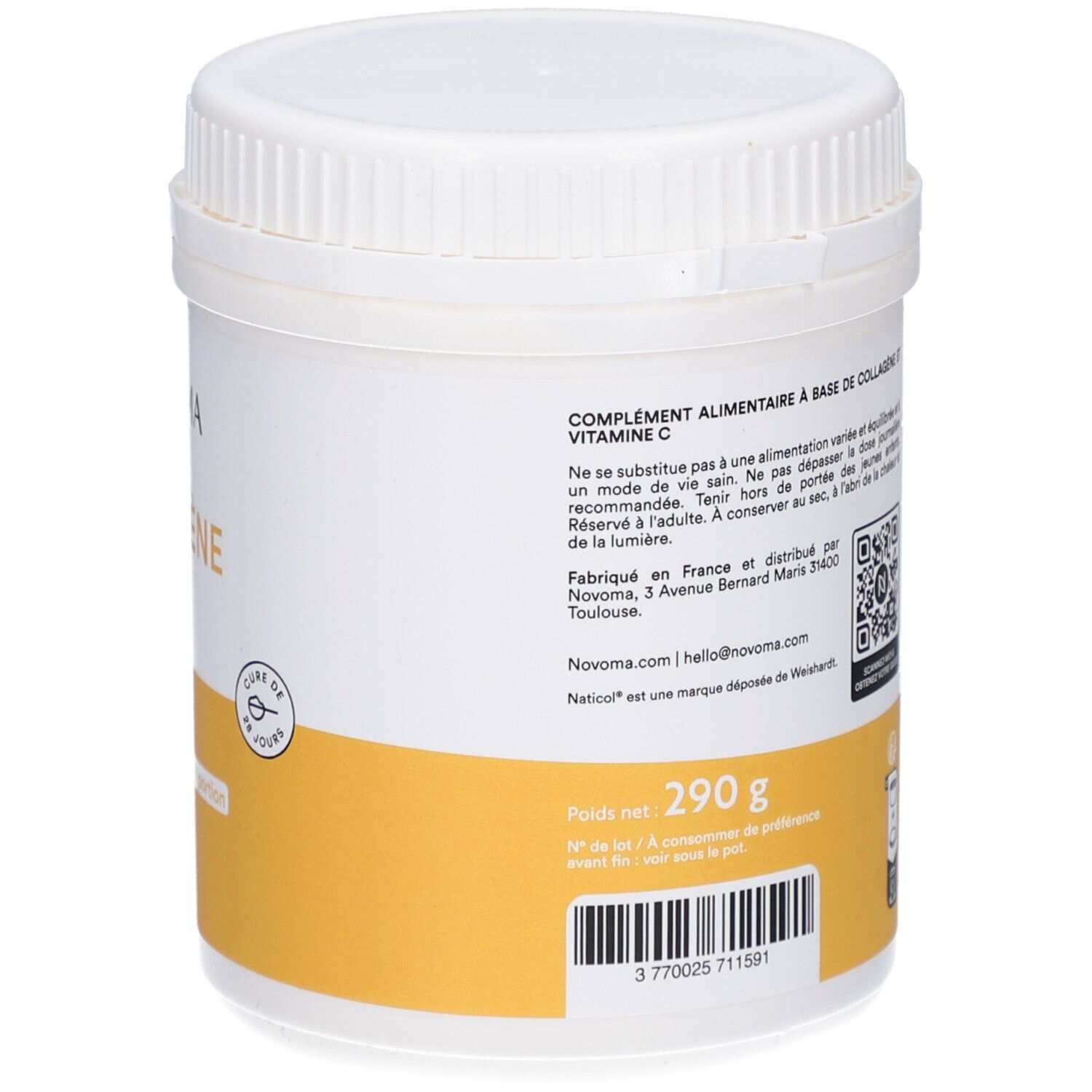 Dos du pot avec étiquette jaune. Contient des informations et un code QR. 290 g.