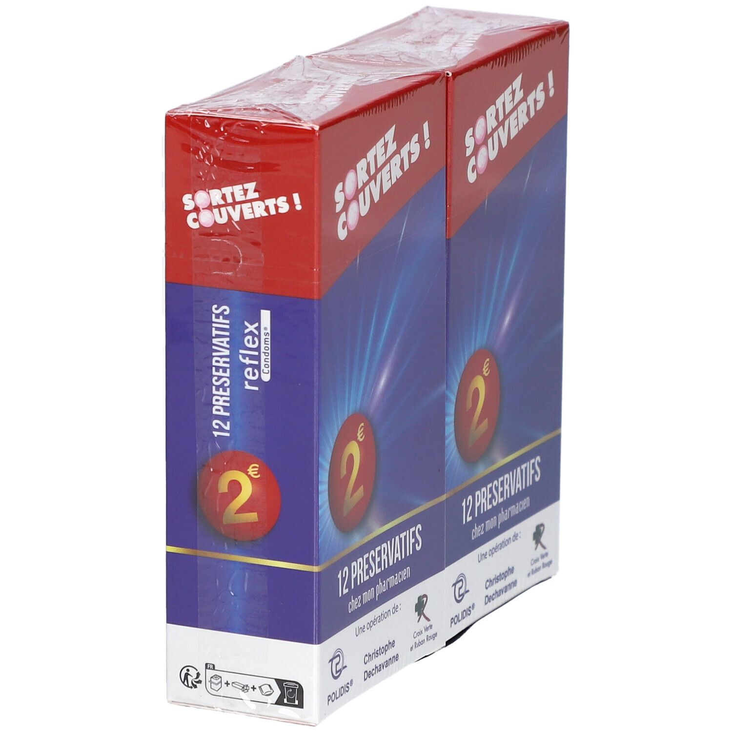 Deux boîtes de préservatifs en biais. Emballage rouge et bleu avec texte: SORTEZ COUVERTS !, 12 PRESERVATIFS, 2€.