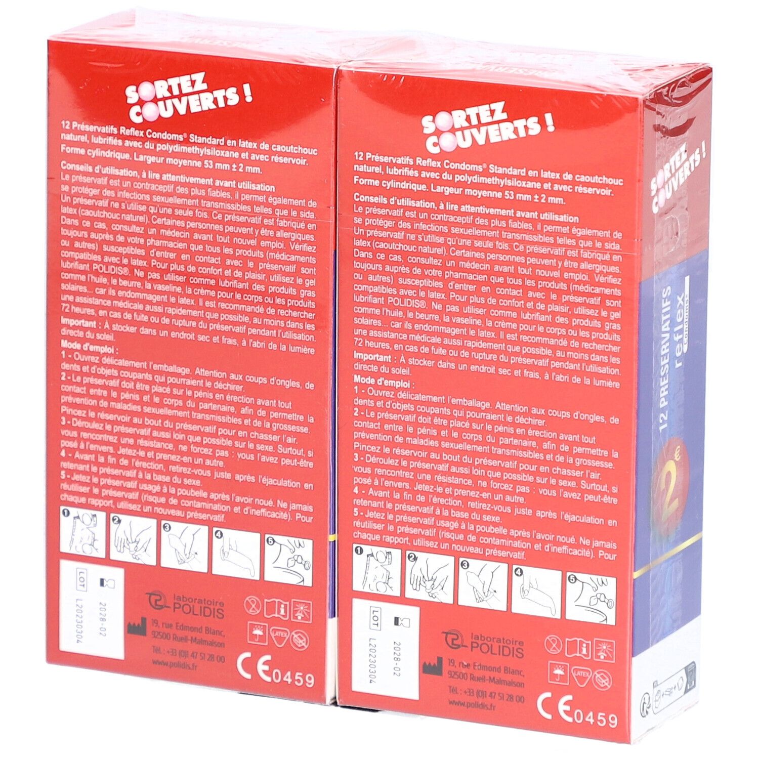 Dos de deux boîtes de préservatifs. Texte et illustrations. SORTEZ COUVERTS !, 12 PRESERVATIFS reflex.