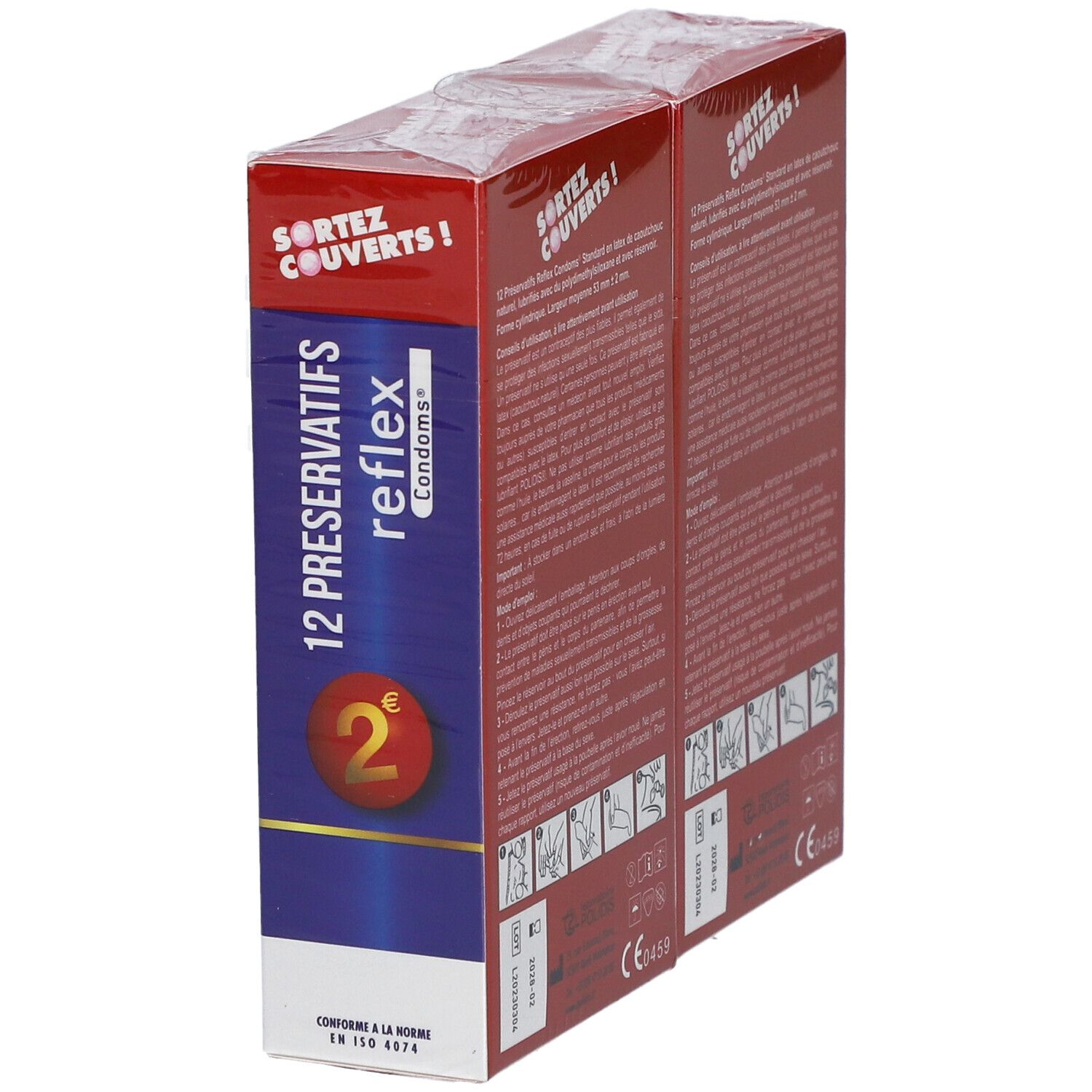 Deux boîtes de préservatifs en biais. Dos avec texte et illustrations. SORTEZ COUVERTS !, 12 PRESERVATIFS reflex.