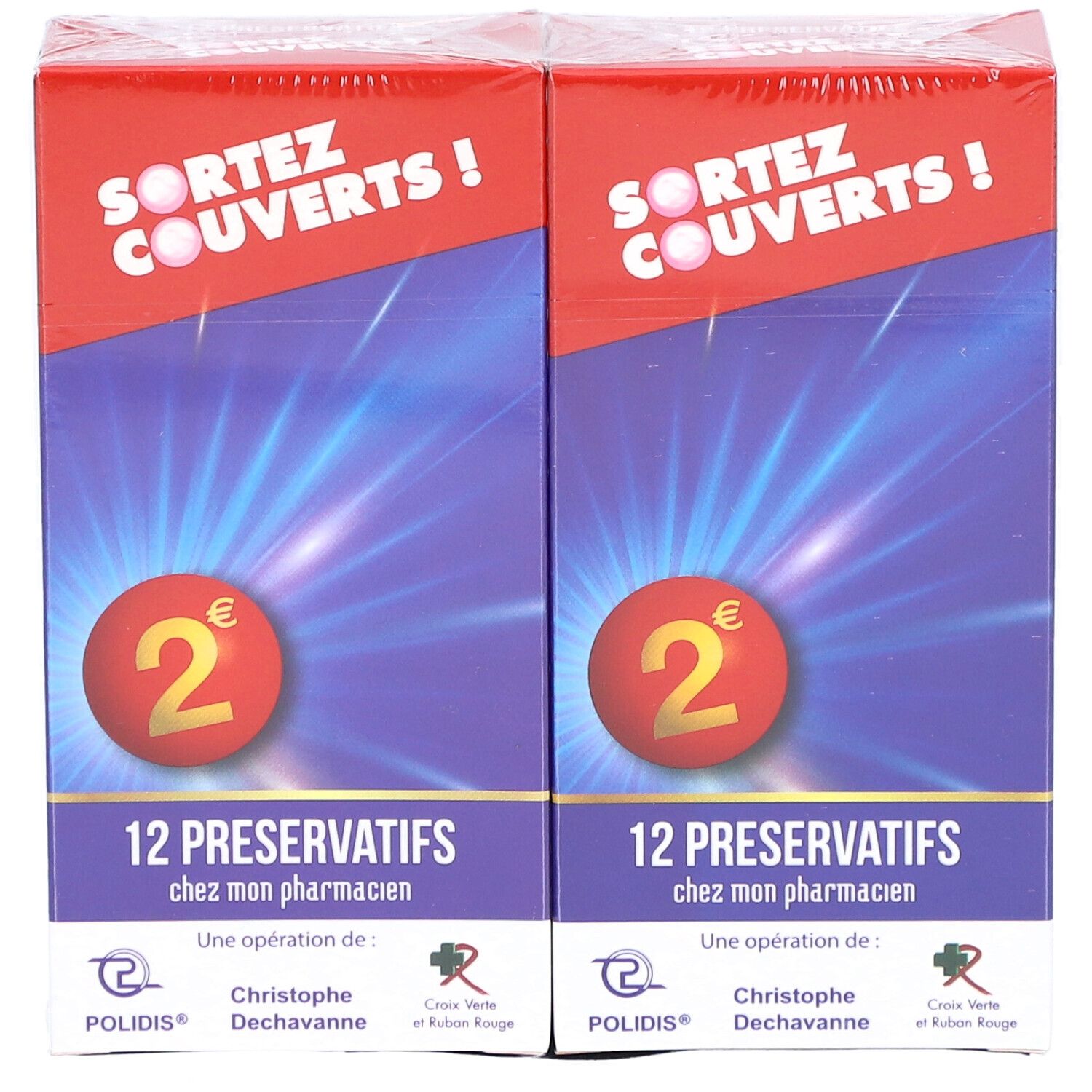 Deux boîtes de préservatifs. Emballage rouge et bleu avec texte: SORTEZ COUVERTS !, 12 PRESERVATIFS, 2€.