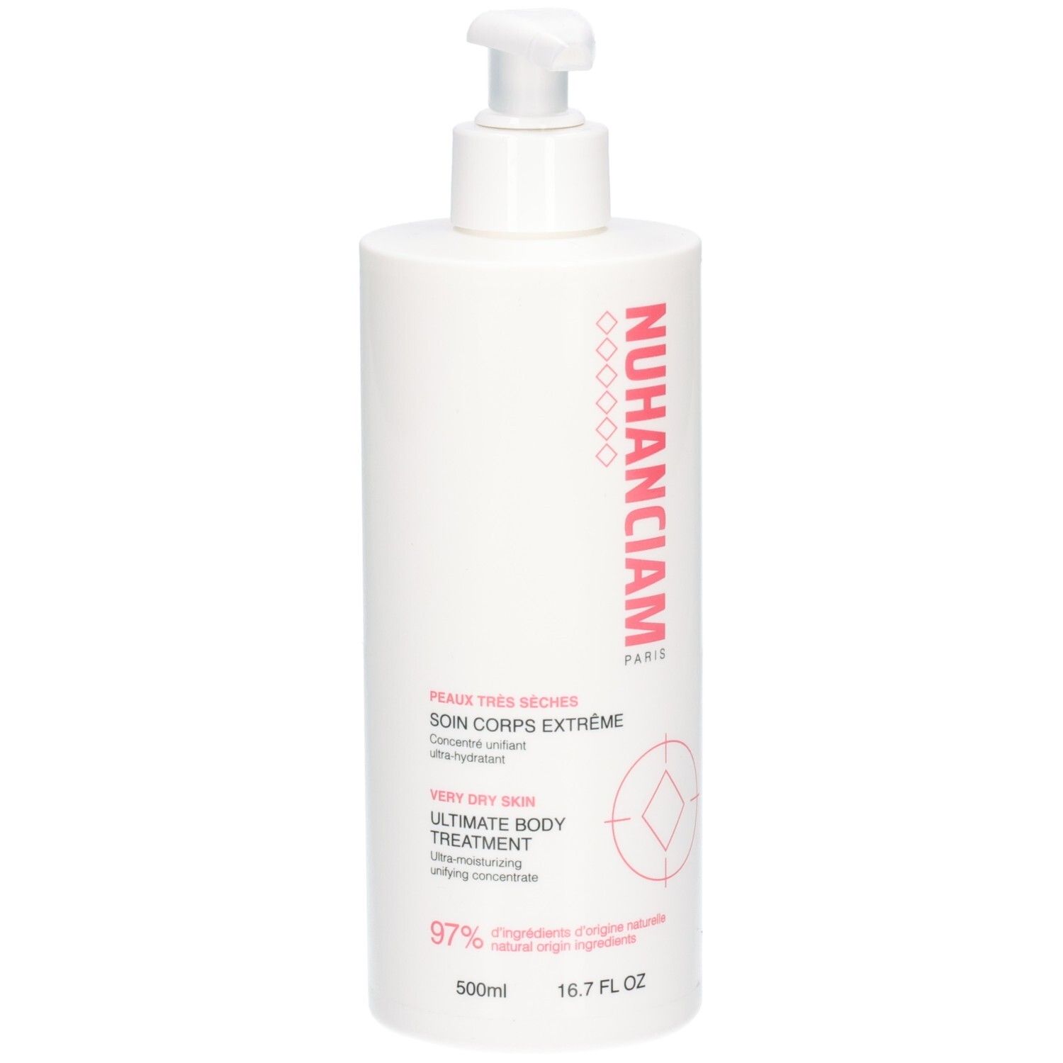 Flacon pompe blanc Nuhanciam Soin Corps Extrême, 500ml, pour peaux très sèches.