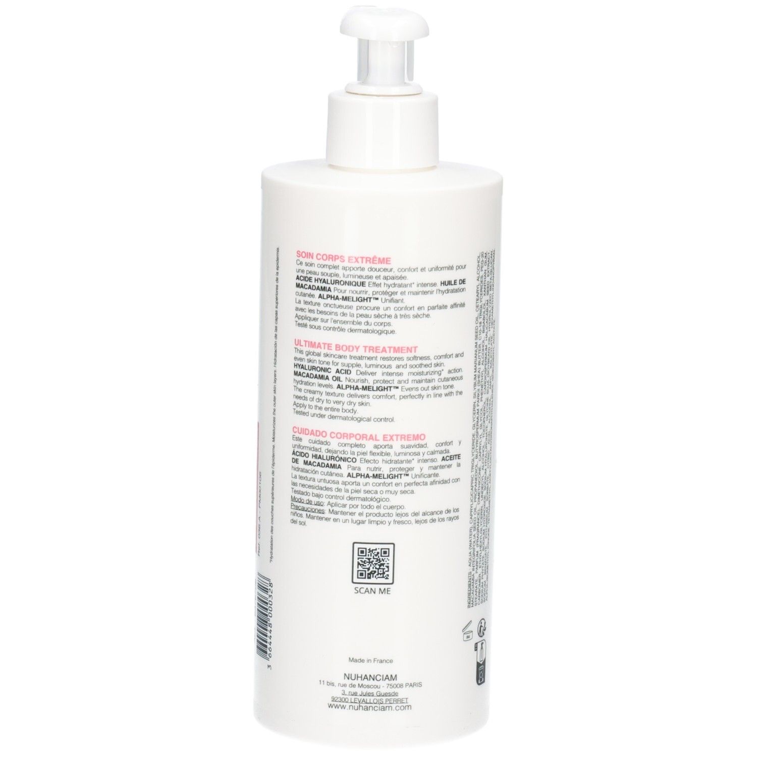 Arrière d'un flacon pompe blanc Nuhanciam Soin Corps Extrême avec informations produit et QR code.