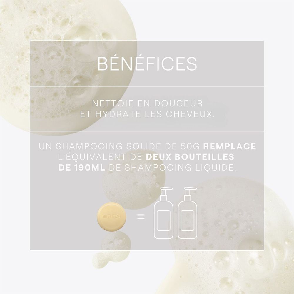Graphique avec texte : Bénéfices. Nettoie en douceur et hydrate les cheveux. 50g de shampooing solide remplace 2 flacons de 190ml.