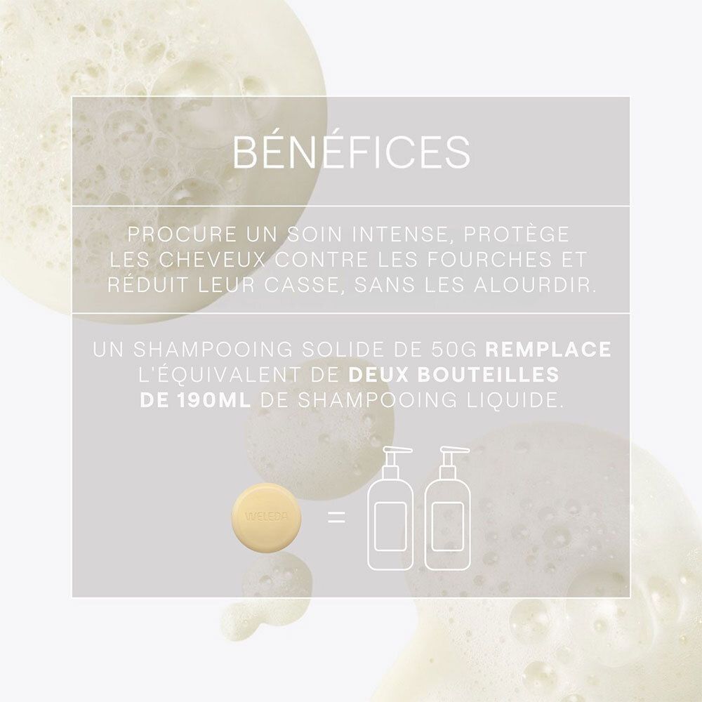 Texte sur fond gris : Avantages. Décrit les avantages du shampooing solide. 50g remplacent 2x190ml.