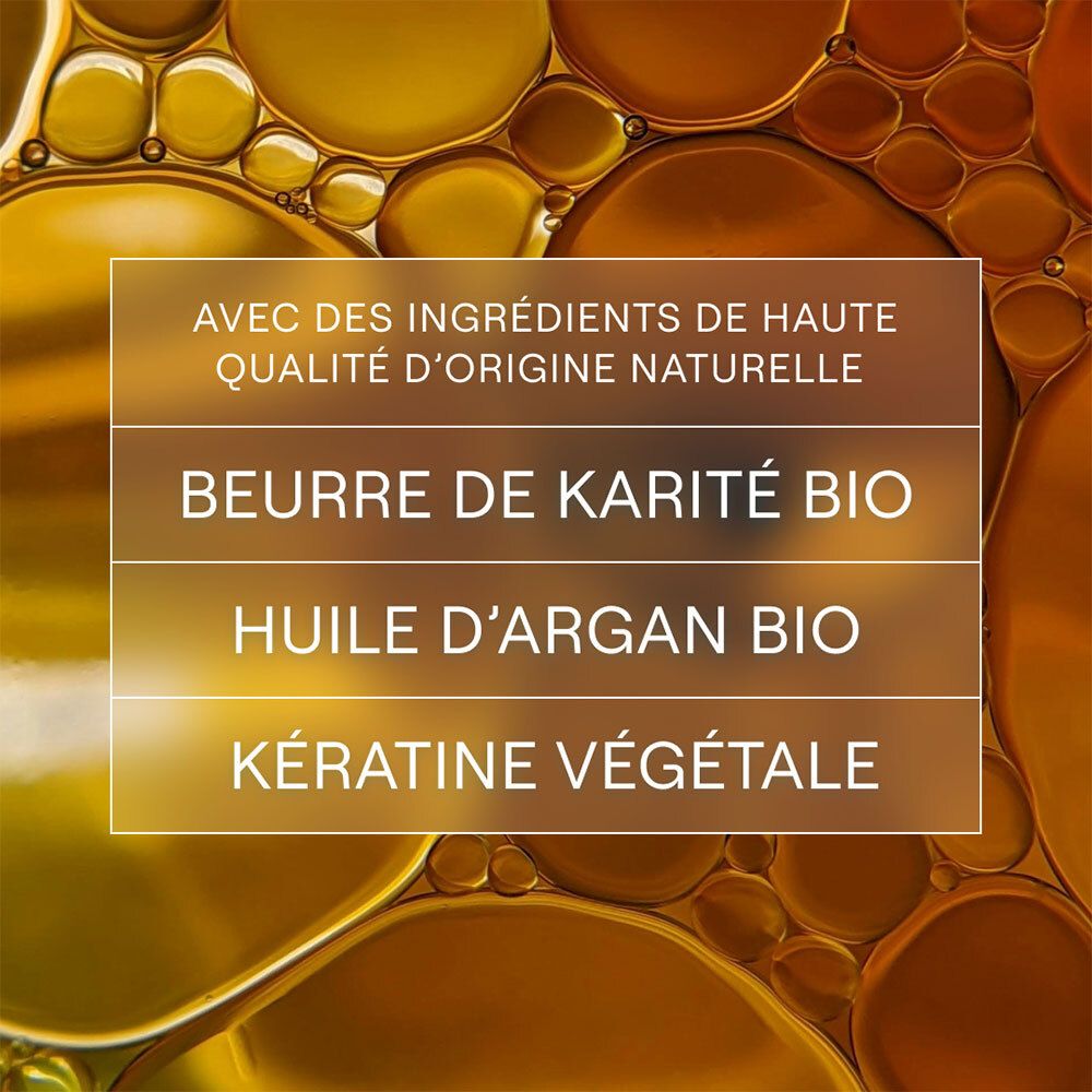 Texte sur fond jaune : Ingrédients. Beurre de karité bio, huile d'argan bio, kératine végétale. Gouttes d'huile.