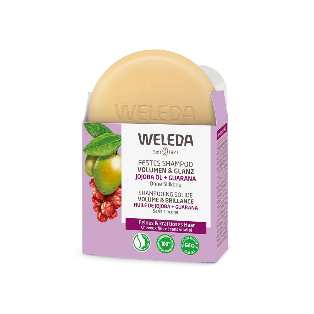 Shampooing solide WELEDA rond, en boîte. Huile de jojoba et guarana. Sans silicone. Pour cheveux fins.