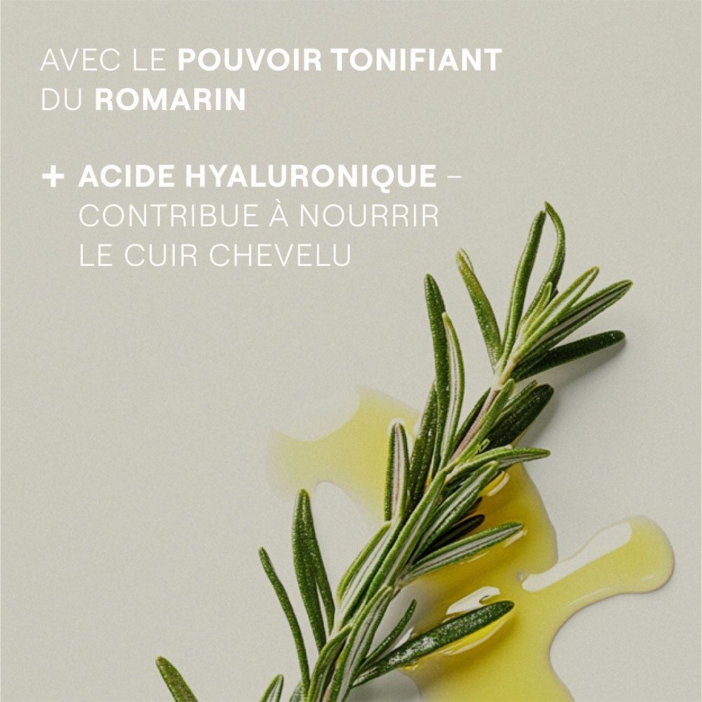 Branche de romarin et huile sur fond clair. Texte: Avec le pouvoir tonifiant du romarin + acide hyaluronique.