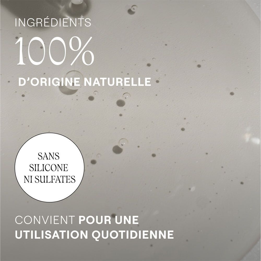 Texte: 100% d'origine naturelle. Sans silicone ni sulfates. Convient pour une utilisation quotidienne.