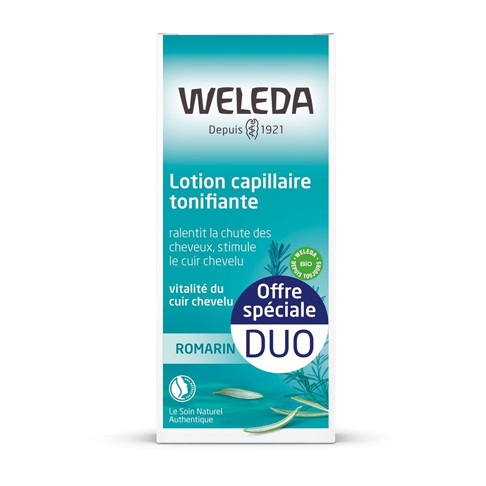 Emballage Weleda. Lotion capillaire tonifiante. Duo. Contient du romarin. Label bio.