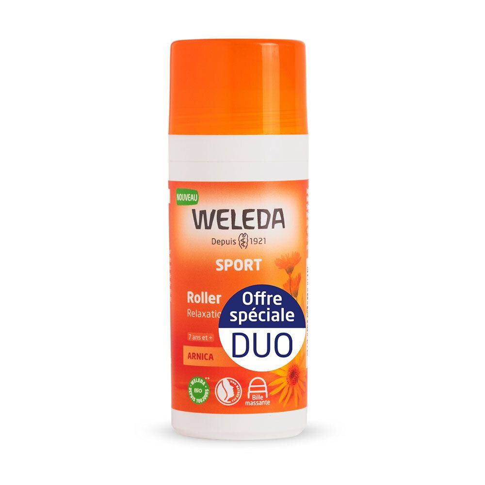 Weleda Sport Roller. Flacon blanc et orange avec applicateur roll-on. Inscription: Arnica, Duo.