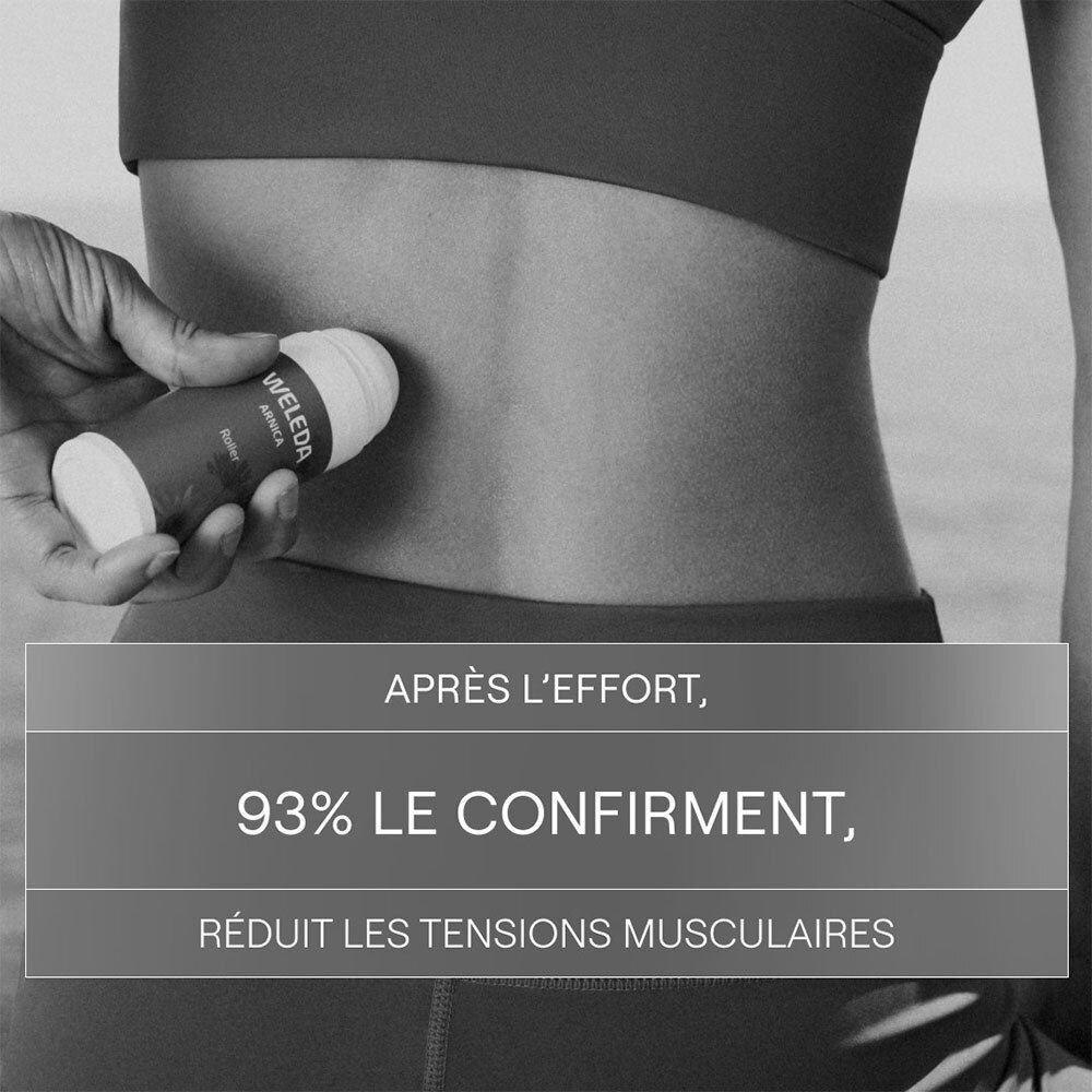 Personne tenant un roller Weleda sur le dos. Texte: Après l'effort, 93% le confirment, réduit les tensions musculaires.