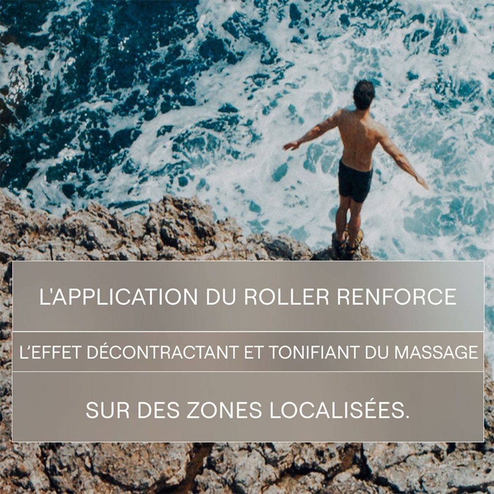 Homme sur rochers. Texte: L'application du roller renforce l'effet décontractant et tonifiant du massage.