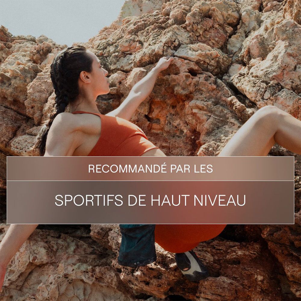 Femme grimpant. Texte: Recommandé par les sportifs de haut niveau.