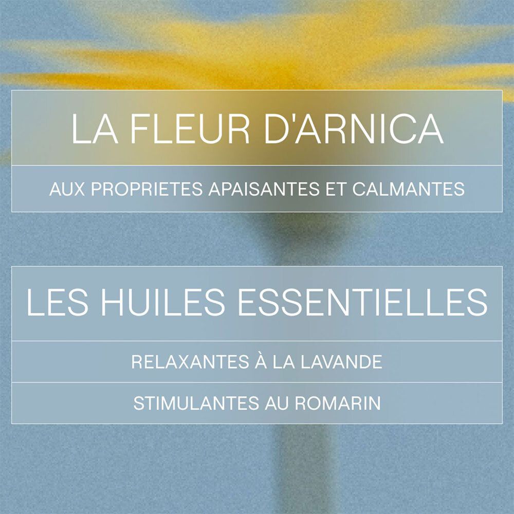 Texte: La fleur d'arnica aux propriétés apaisantes. Huiles essentielles: Lavande, romarin.