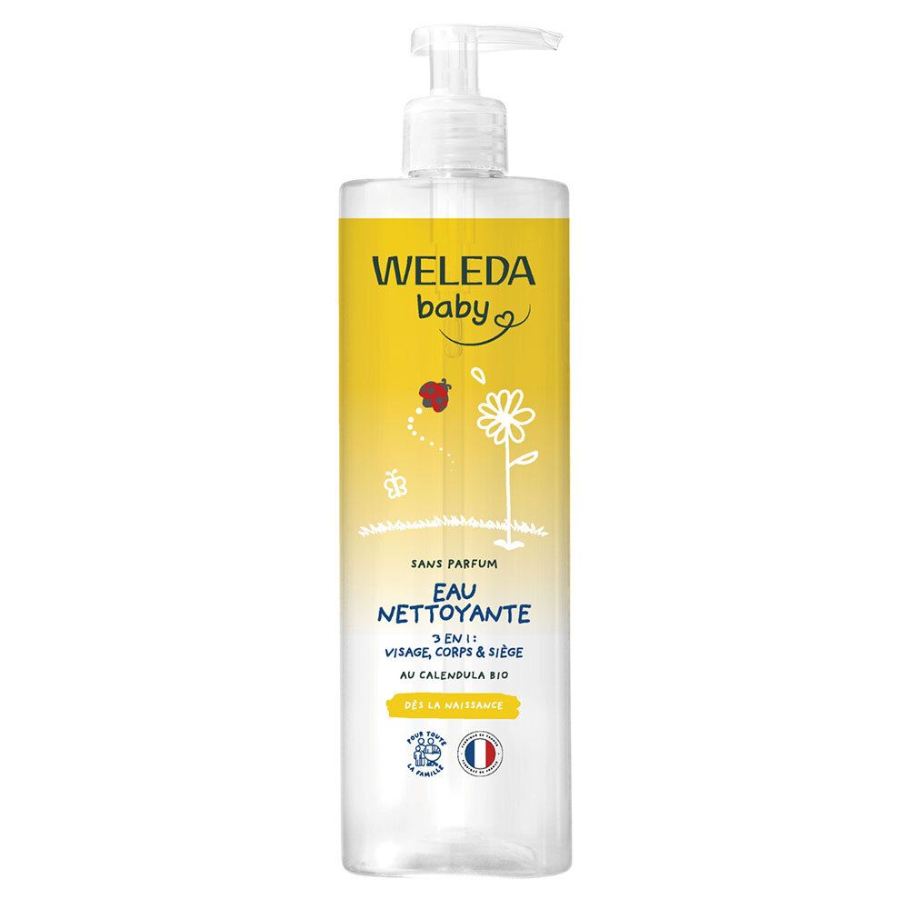 Flacon de WELEDA Baby Eau Nettoyante. Étiquette jaune et blanche avec nom du produit, logo et illustrations. Avec pompe.