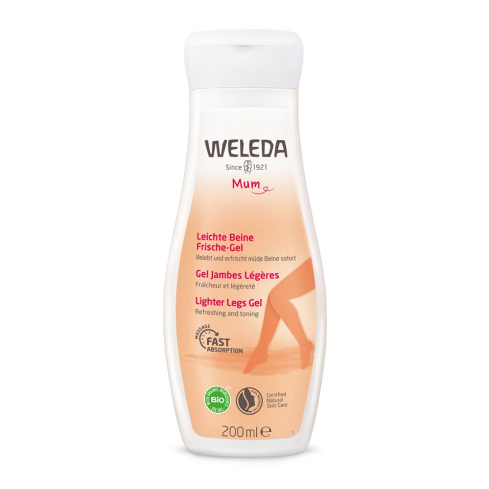 Gel Jambes Légères Weleda Mum. Flacon blanc. Inscriptions : Leichte Beine Frische-Gel, Gel Jambes Légères, Lighter Legs Gel. Label Bio.