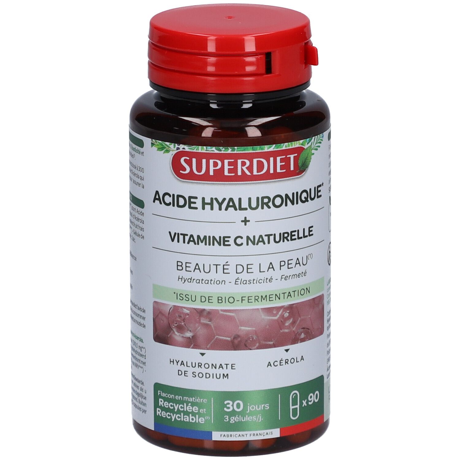 Flacon marron, bouchon rouge. Inscription: SUPERDIET, Acide Hyaluronique + Vitamine C naturelle. 90 gélules.