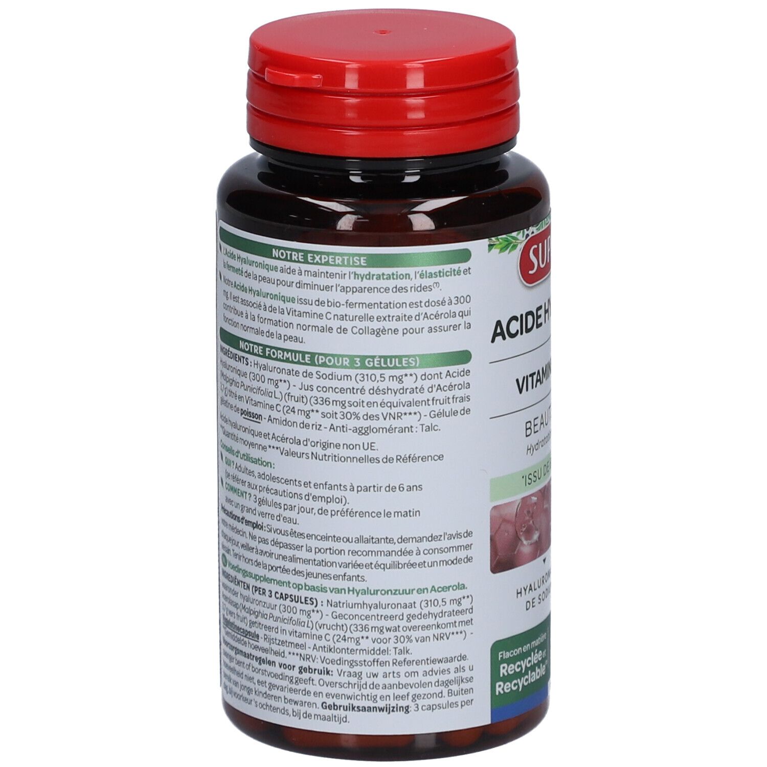 Dos du flacon marron. Texte avec ingrédients et informations nutritionnelles. Bouchon rouge.