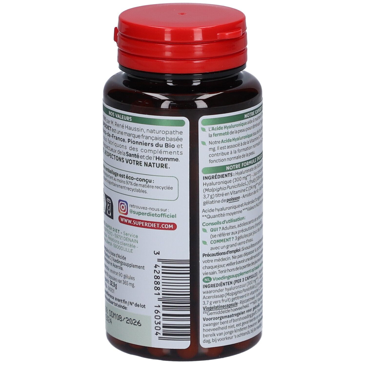 Dos du flacon marron. Texte avec informations et code QR. Bouchon rouge.