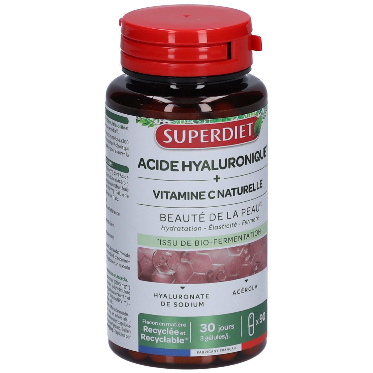 Flacon marron, bouchon rouge. Inscription: SUPERDIET, Acide Hyaluronique + Vitamine C naturelle. 90 gélules.