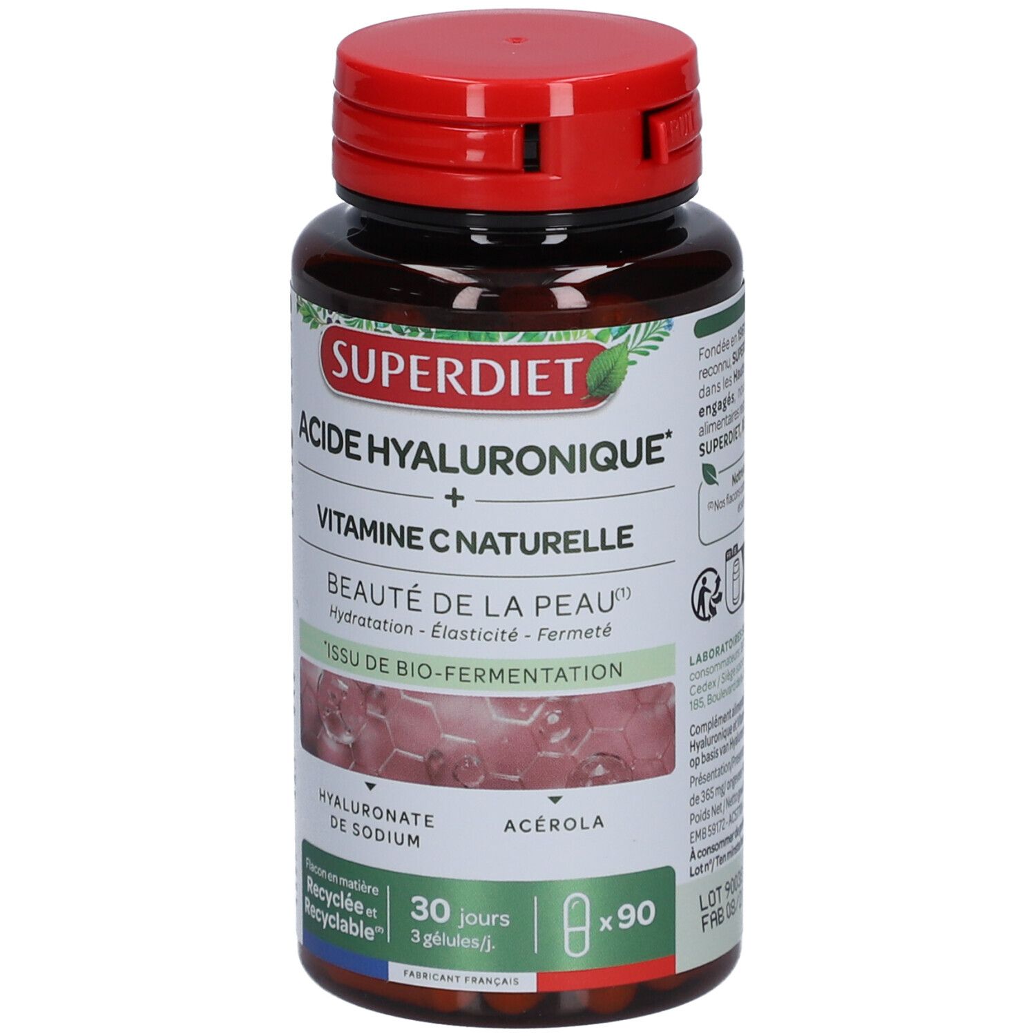 Flacon marron, bouchon rouge. Inscription: SUPERDIET, Acide Hyaluronique + Vitamine C naturelle. 90 gélules.
