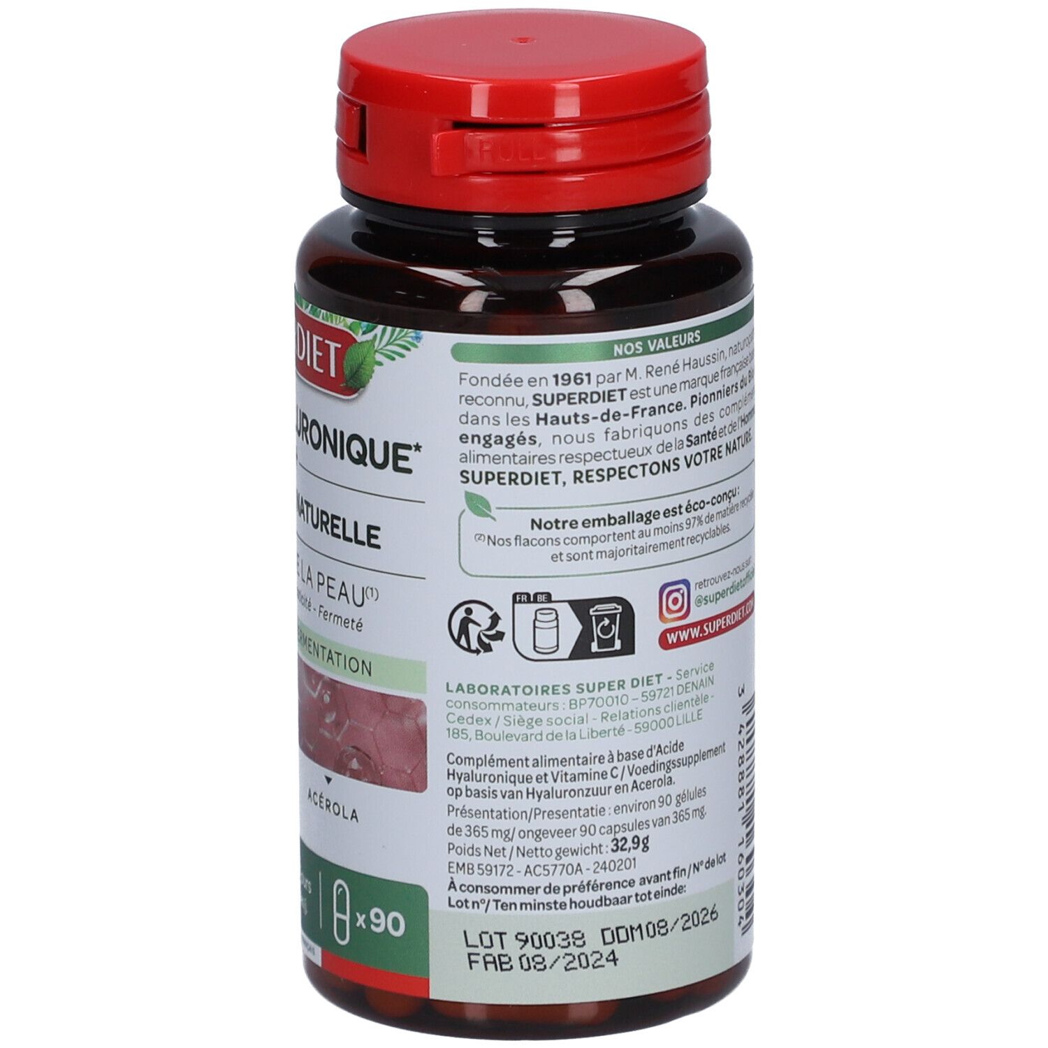 Dos du flacon marron. Texte avec informations et code QR. Bouchon rouge.