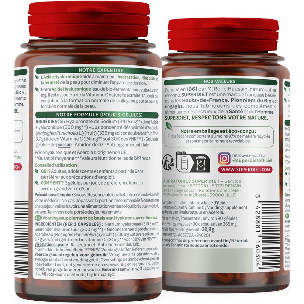 Dos du flacon. Texte sur ingrédients, utilisation et valeurs nutritionnelles. Marque: Superdiet. Informations en français.