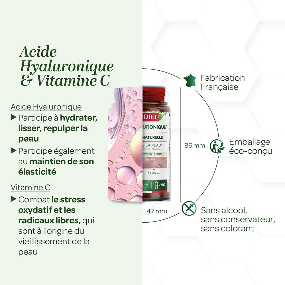 Graphique avec informations produit. Acide Hyaluronique & Vitamine C. Dimensions: 86mm x 47mm. Sans alcool, conservateur, colorant.