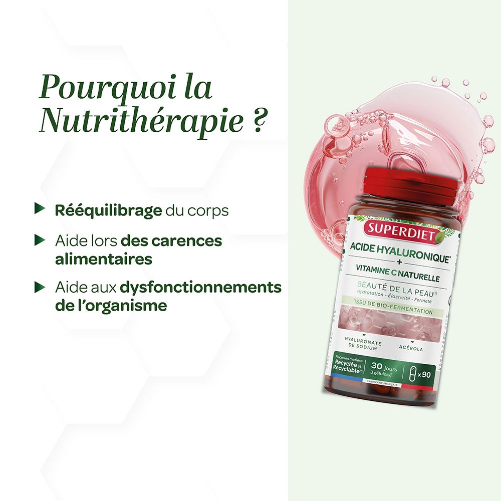 Graphique avec produit et texte. Pourquoi la Nutri-thérapie ? Rééquilibrage du corps, Aide lors des carences alimentaires, Aide aux dysfonctionnements.