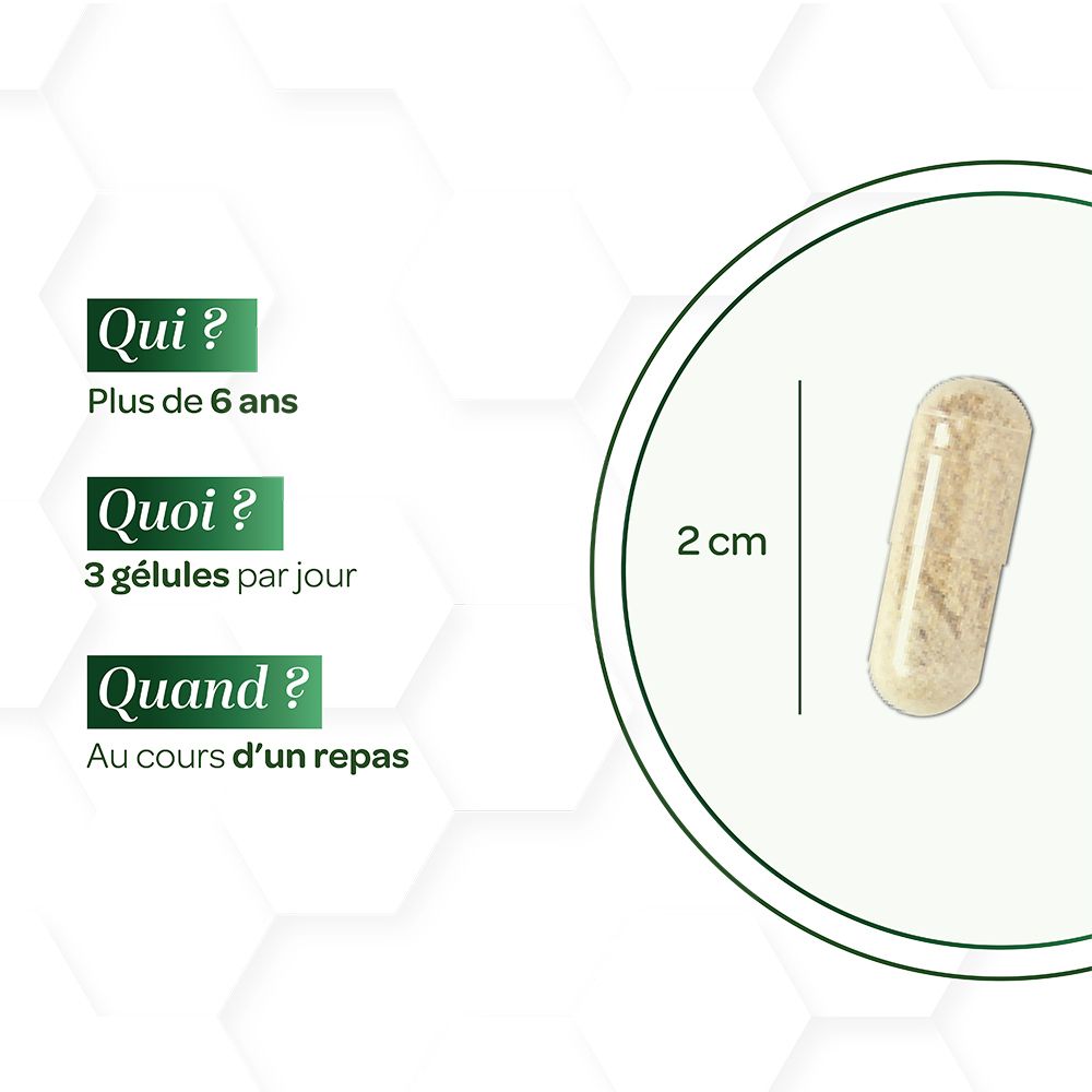 Gélule de 2 cm. Texte: Qui? Plus de 6 ans. Quoi? 3 gélules par jour. Quand? Au cours d'un repas.