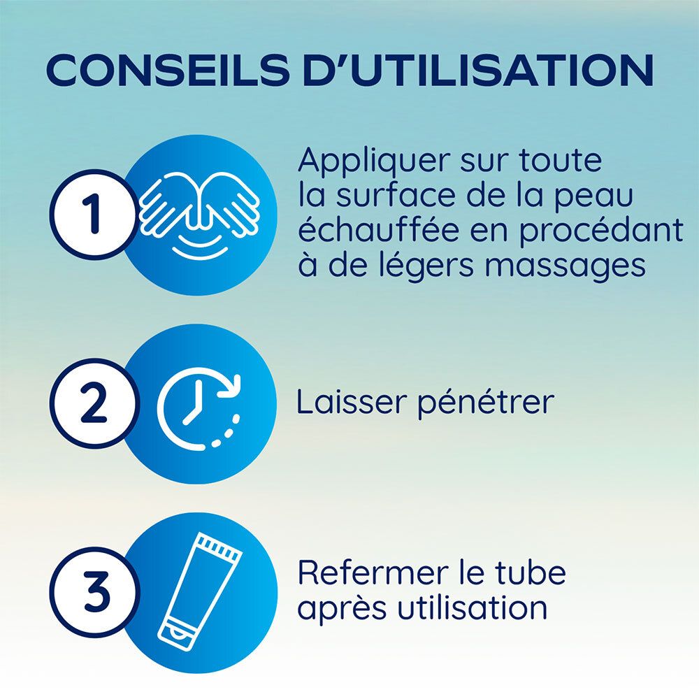 Conseils d'utilisation: 1. Appliquer sur la peau échauffée. 2. Laisser pénétrer. 3. Refermer le tube.