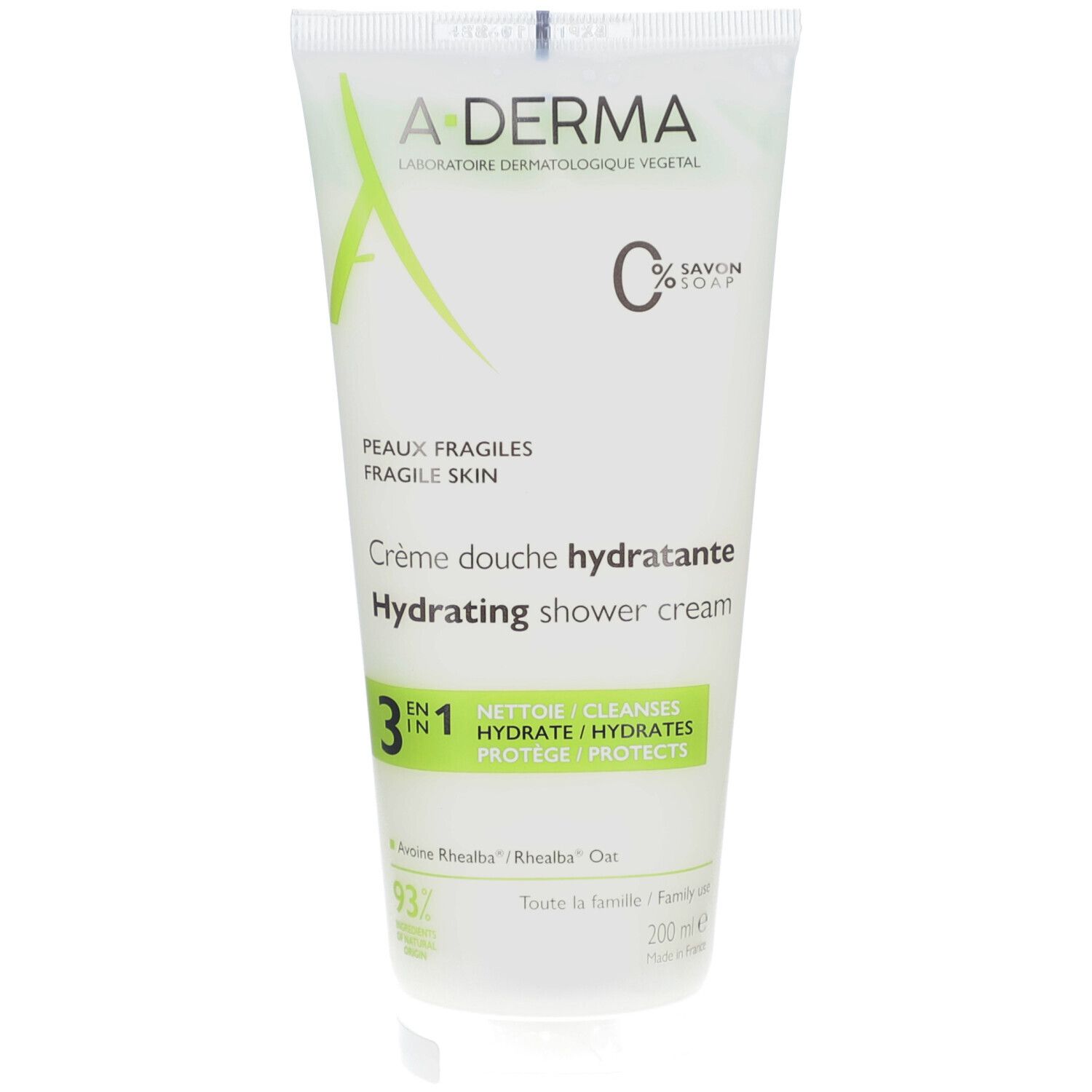 Tube blanc avec impression verte. Texte: A-DERMA, Crème douche hydratante, 3 en 1. Pour peaux fragiles.