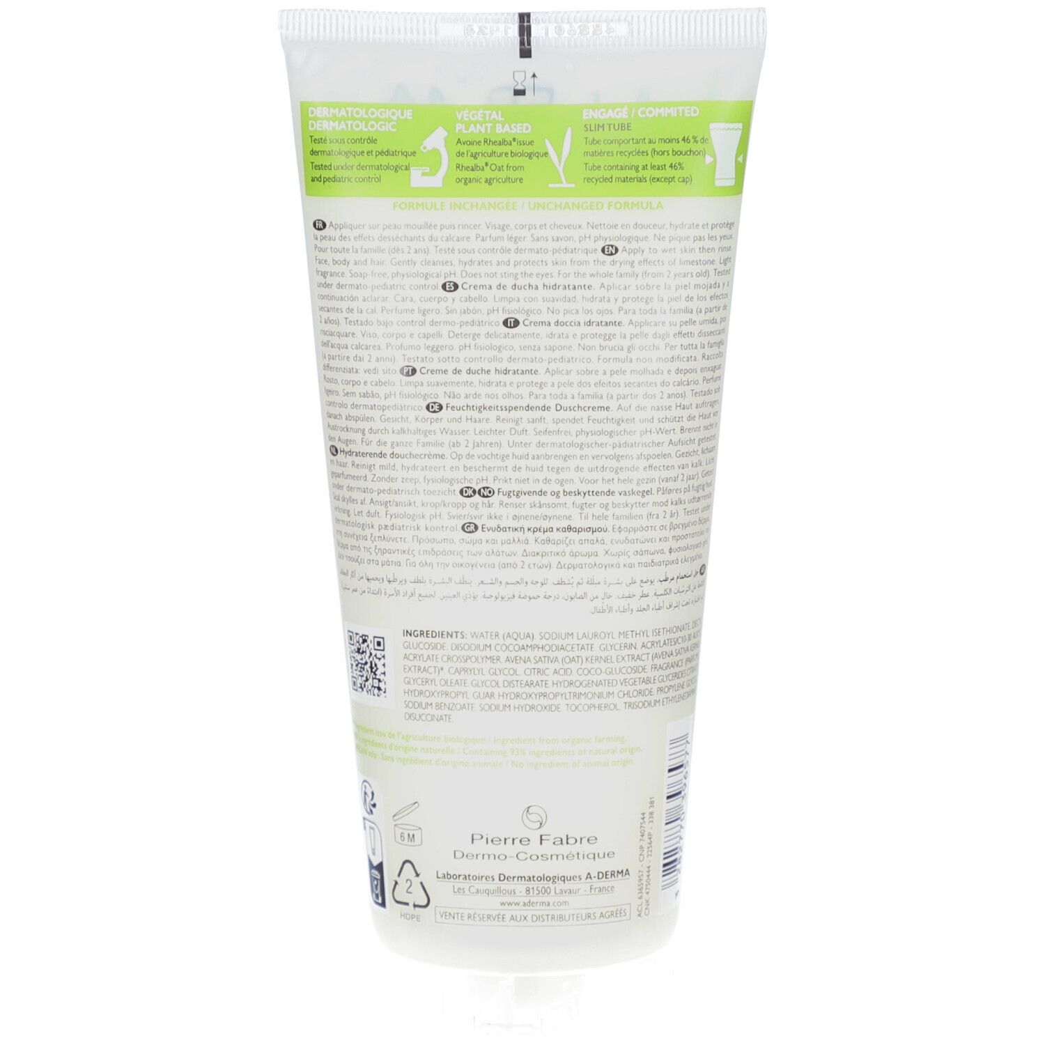 Dos du tube. Texte et ingrédients en plusieurs langues. Logo du fabricant et symbole de recyclage.