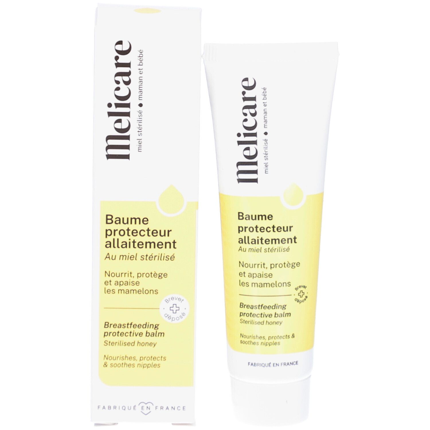 Emballage du produit avec tube et boîte. Les deux affichent le nom et la description du produit. Contient du miel stérilisé.