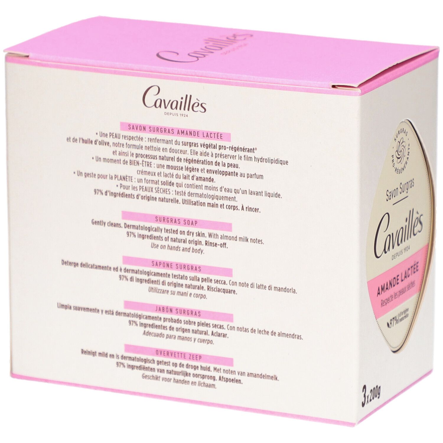 Dos de la boîte avec texte. Rose et blanc. Texte: Cavaillès, Savon Surgras Amande Lactée, ingrédients, 3x200g.