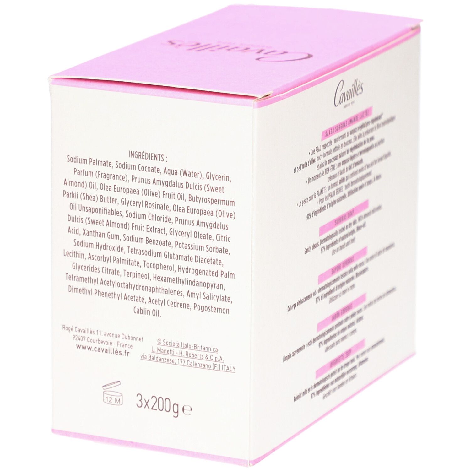 Côté de la boîte avec texte. Rose et blanc. Texte: Cavaillès, ingrédients, 3x200g.