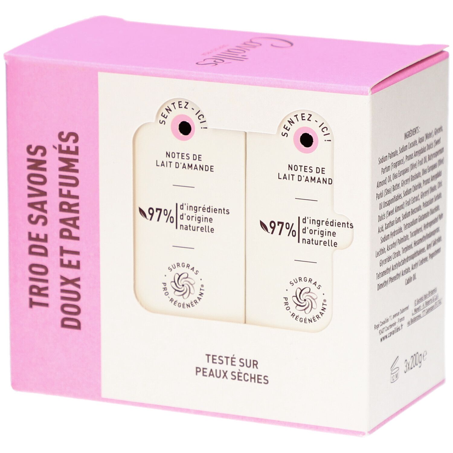 Boîte avec deux savons. Rose et blanc. Texte: Cavaillès, Notes de Lait d'Amande, 97% d'ingrédients naturels.