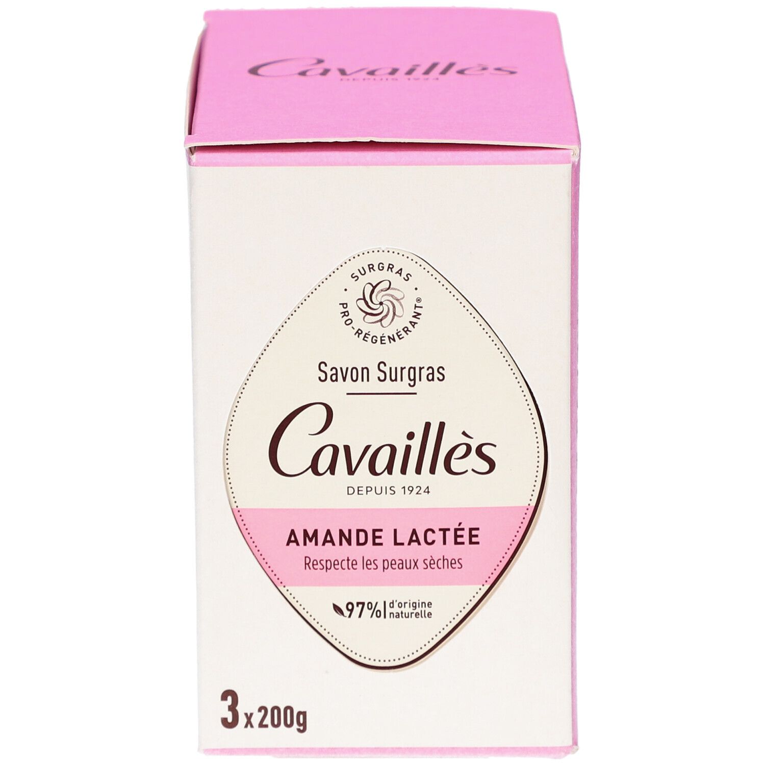 Face avant de la boîte. Rose et blanc. Texte: Cavaillès, Amande Lactée, 97% ingrédients naturels, 3x200g.