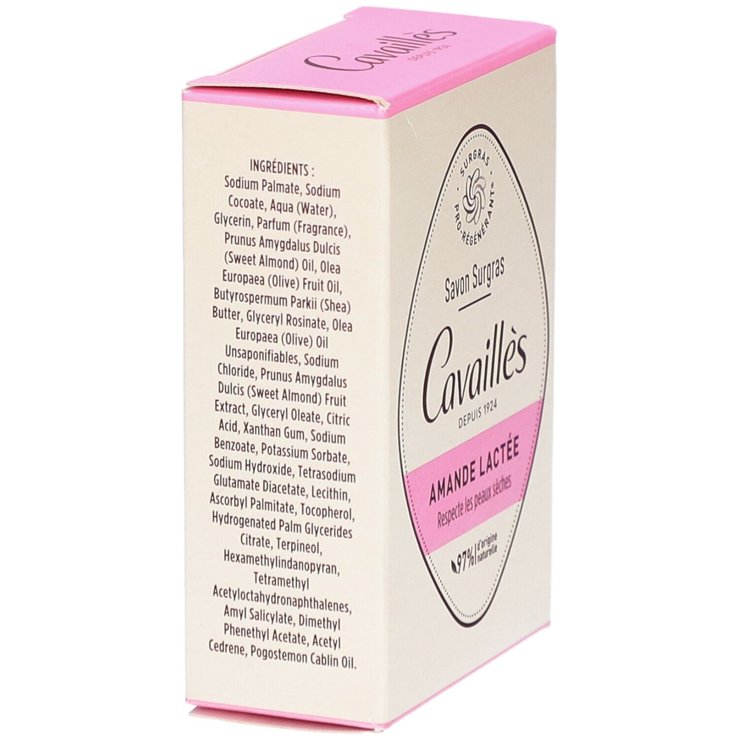 Boîte avec liste d'ingrédients. 'Cavaillès Savon Surgras Amande Lactée'.