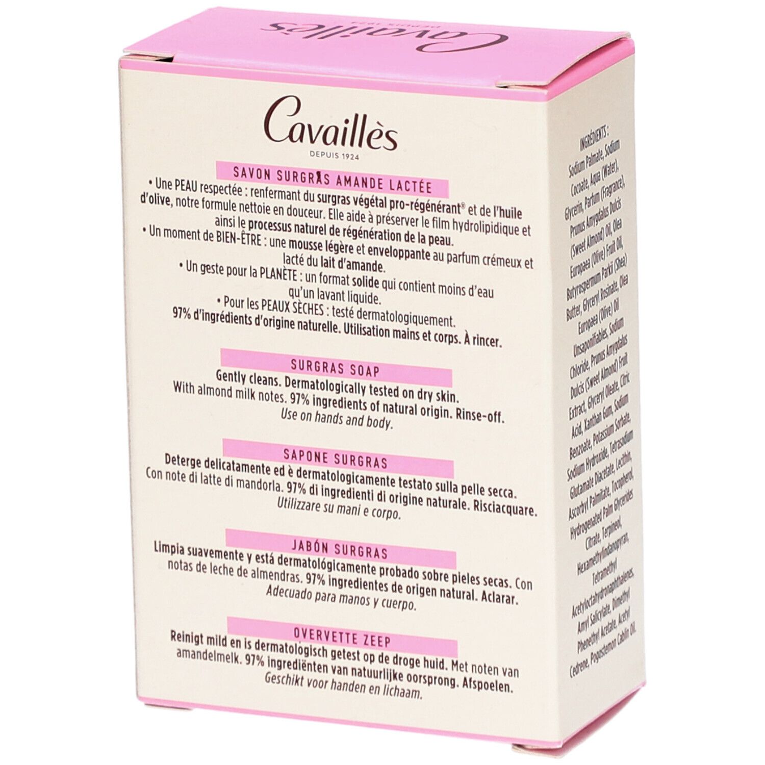 Boîte avec textes multilingues. 'Cavaillès Savon Surgras Amande Lactée'.
