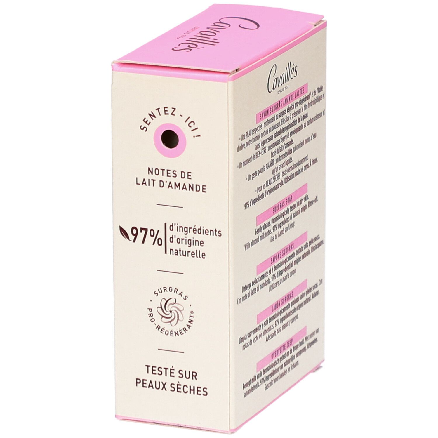 Boîte rose avec texte. 'Cavaillès Savon Surgras Amande Lactée'.
