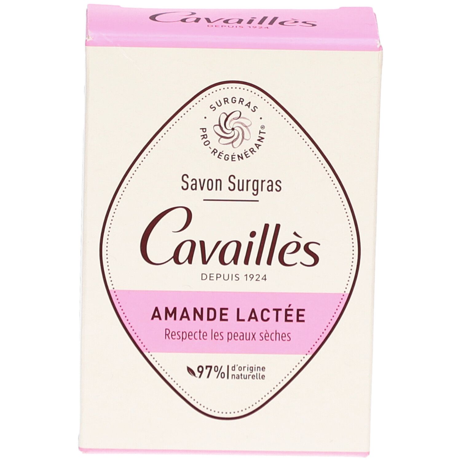 Boîte rose 'Cavaillès Savon Surgras Amande Lactée'.